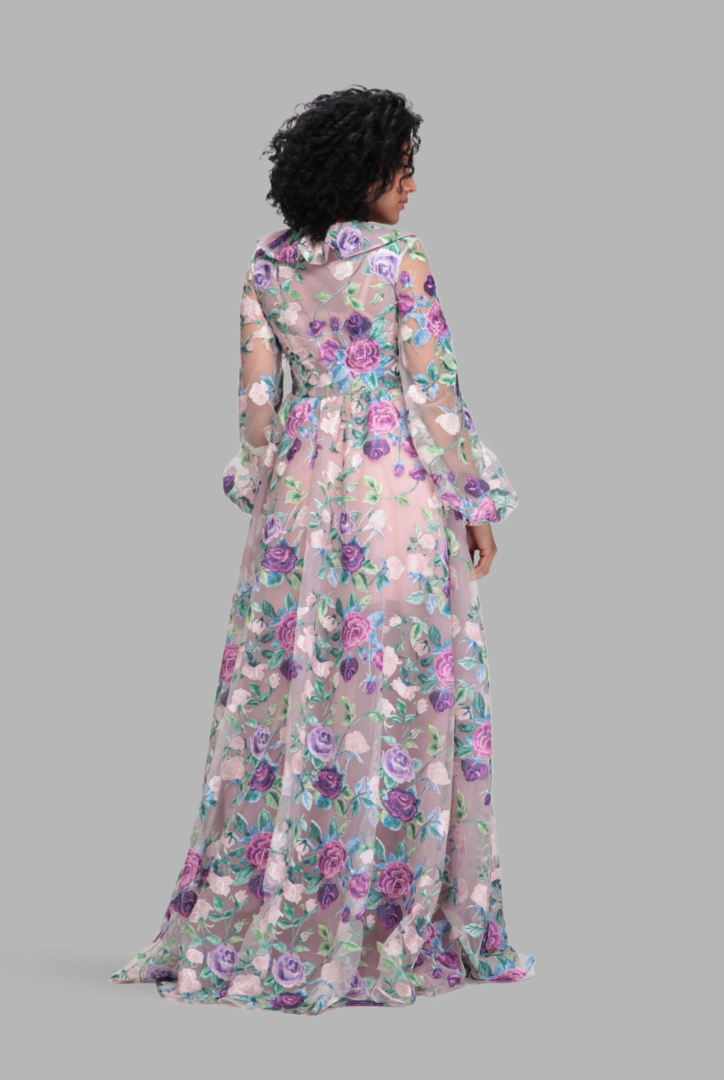Floral frill-flow bell sleeve gown-2