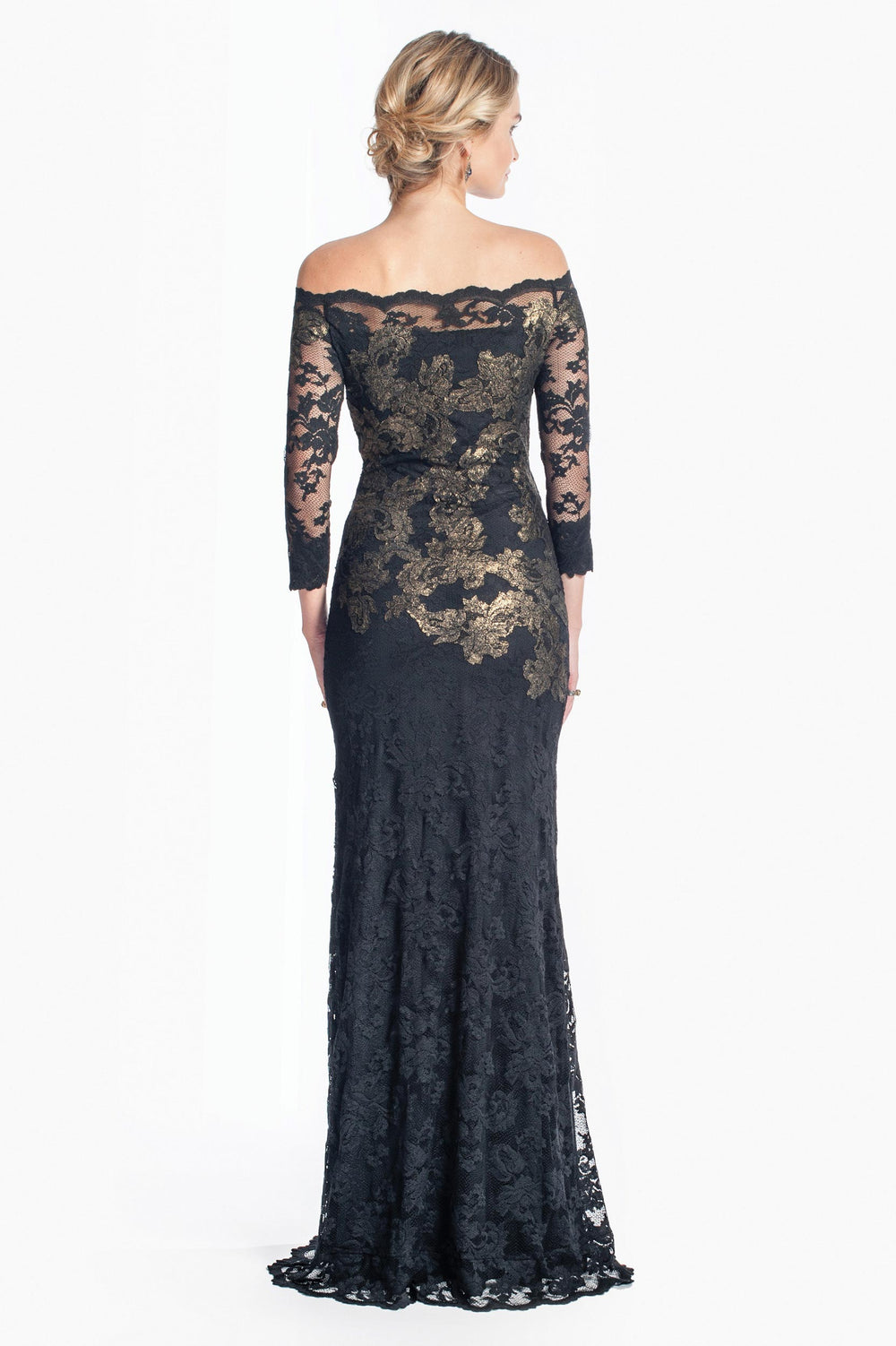 Sophisticated Off-Shoulder Lace Gown with Gold Accents-1