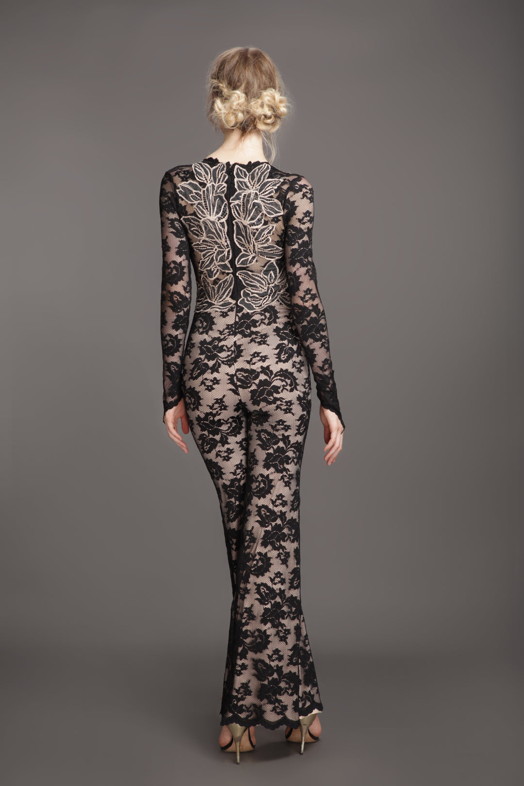Plunge neck black leaf full sleeve jumpsuit-1