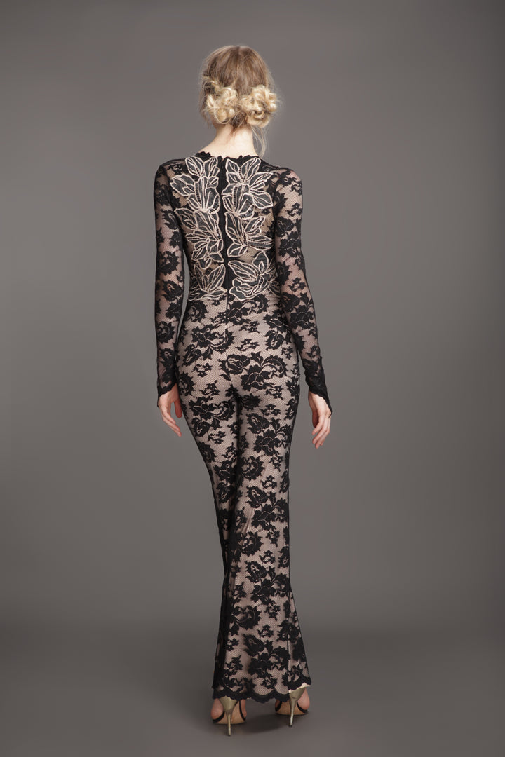 Plunge neck black leaf full sleeve jumpsuit-1