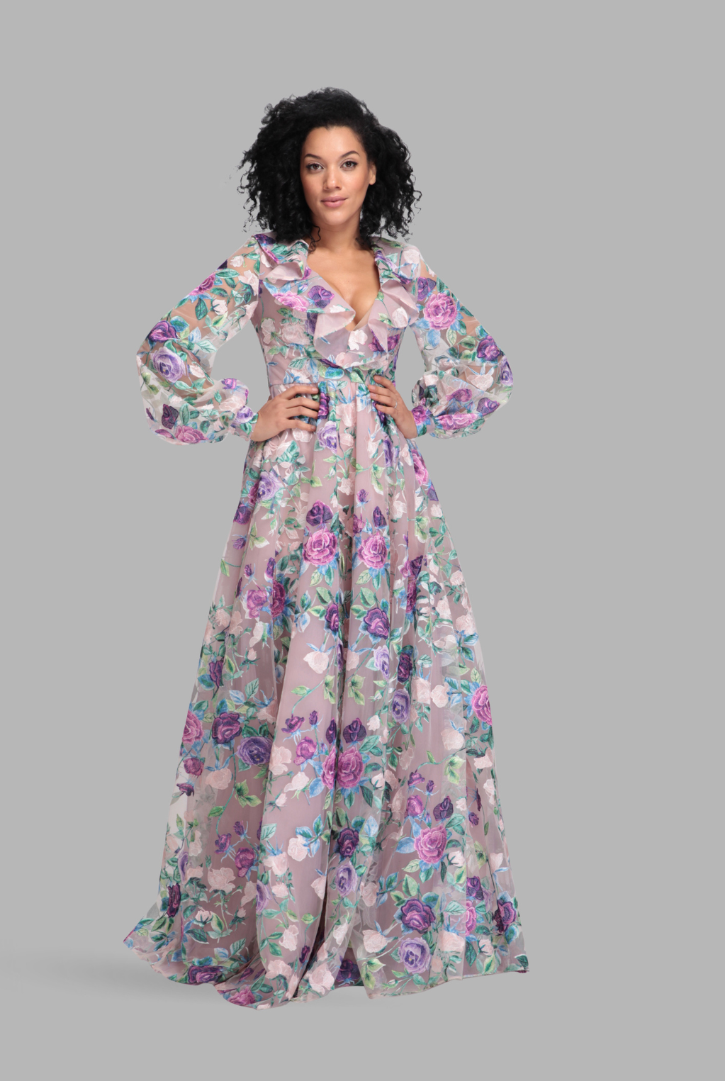 Floral frill-flow bell sleeve gown-3