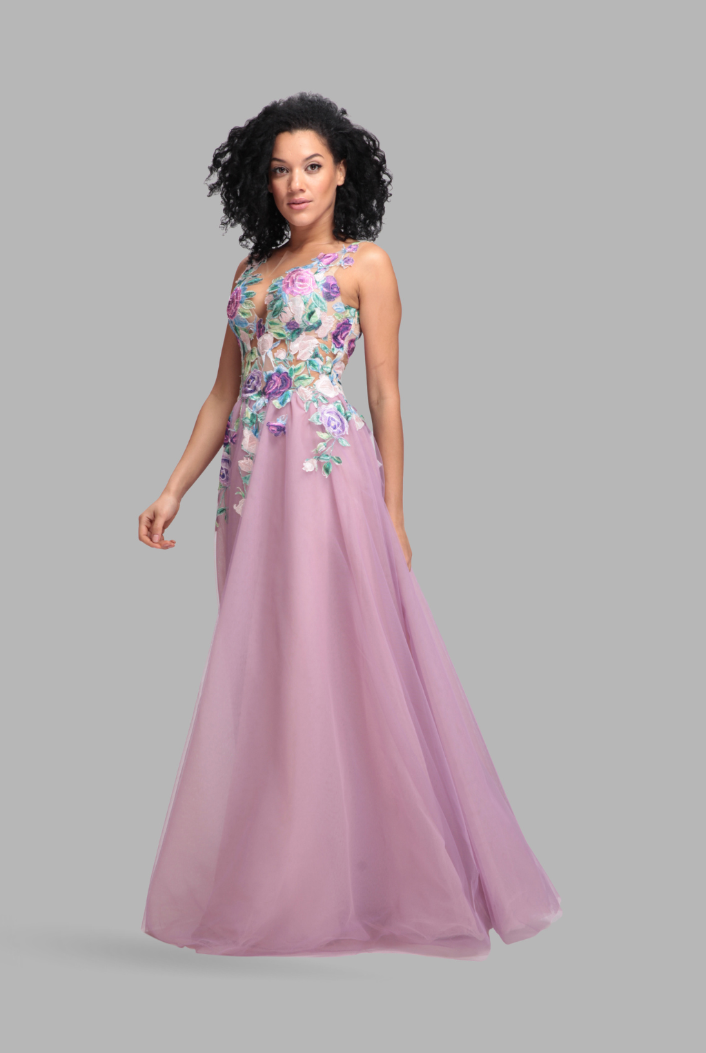 Illusion floral plunge neck tulle dress-1