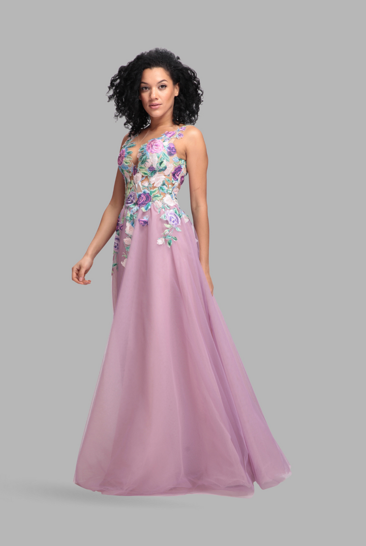 Illusion floral plunge neck tulle dress-1