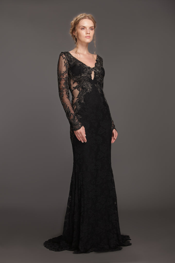 Sheer mesh torso lace cocktail gown-0