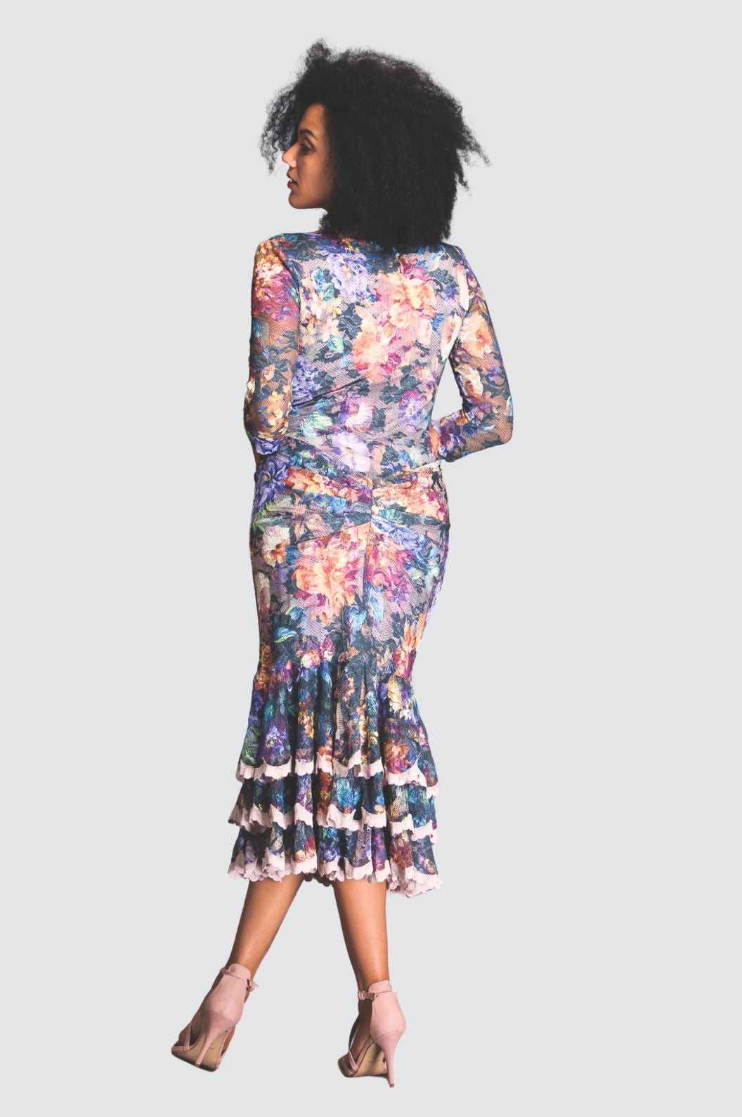 Vibrant Floral Lace Ruffle Midi Dress