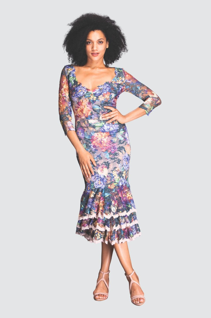 Vibrant Floral Lace Ruffle Midi Dress