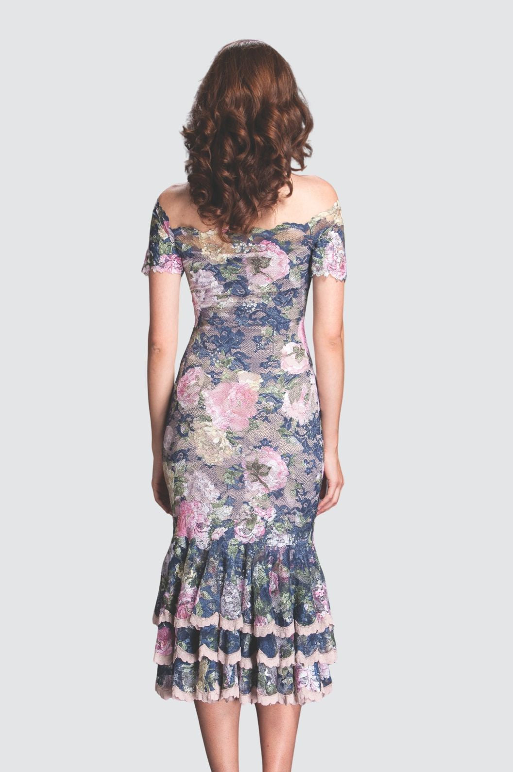 Off-Shoulder Lace Ruffle Midi Dress