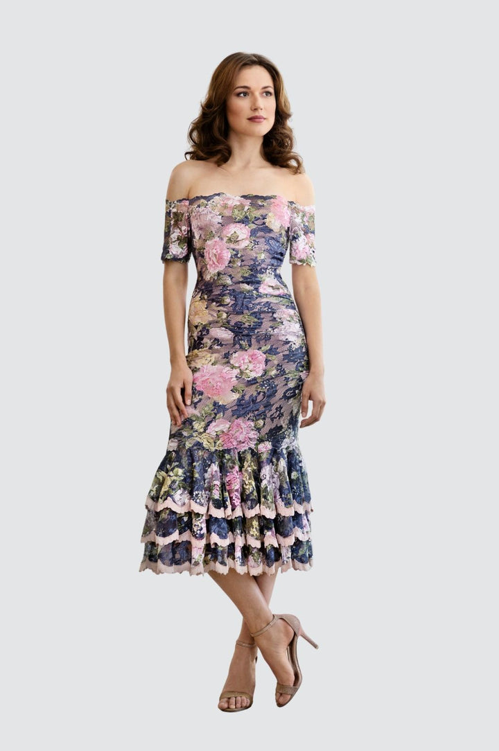 Off-Shoulder Lace Ruffle Midi Dress