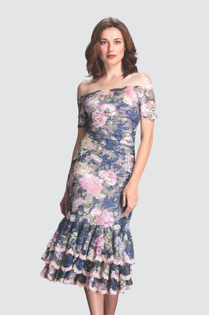 Off-Shoulder Lace Ruffle Midi Dress