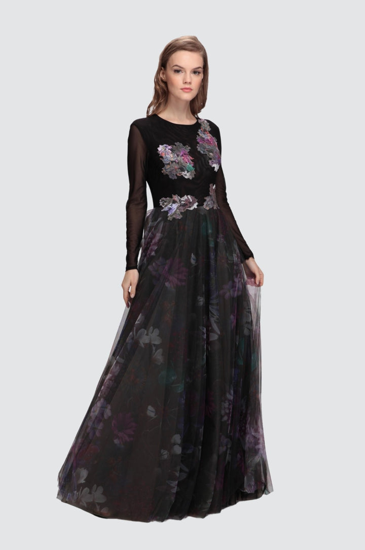 Robe longue en tulle fleuri et maille pleine longueur