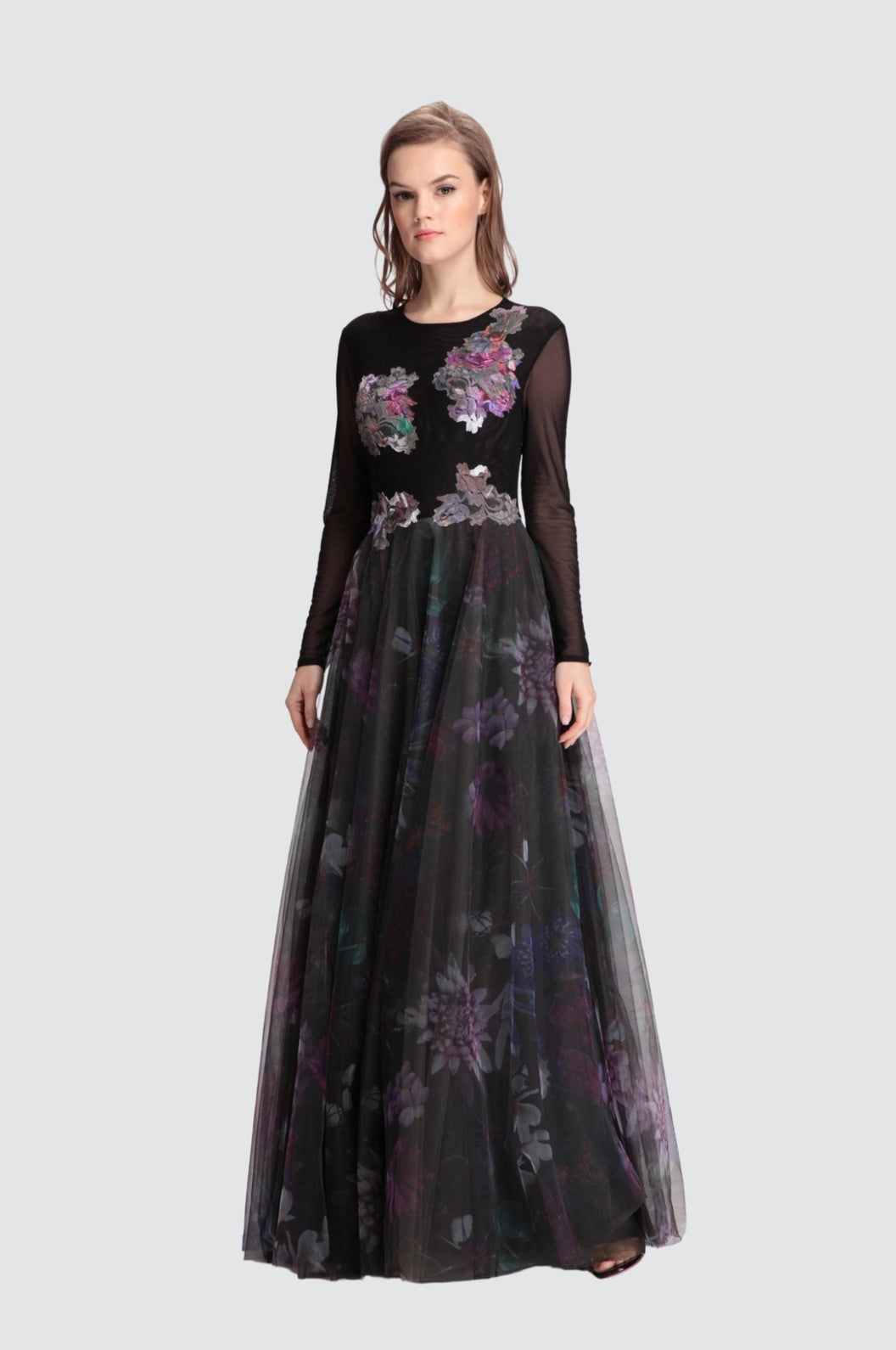 Robe longue en tulle fleuri et maille pleine longueur