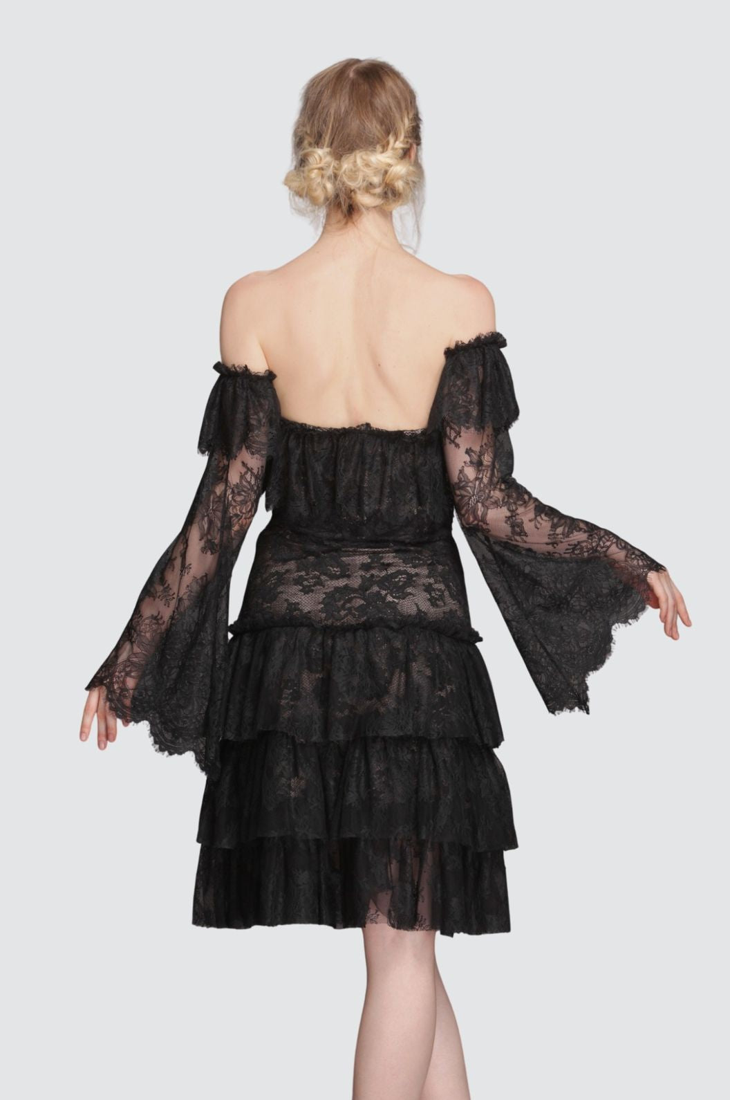 Black Off-Shoulder Mesh Frill Dress