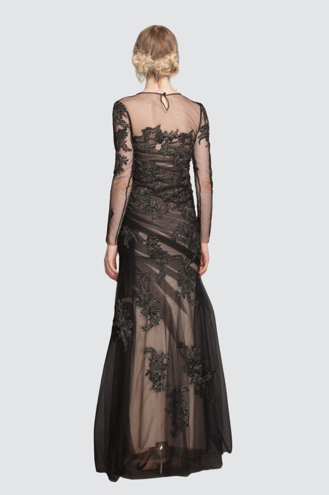 Black & Gold Leaf on Ruched Mesh Gown