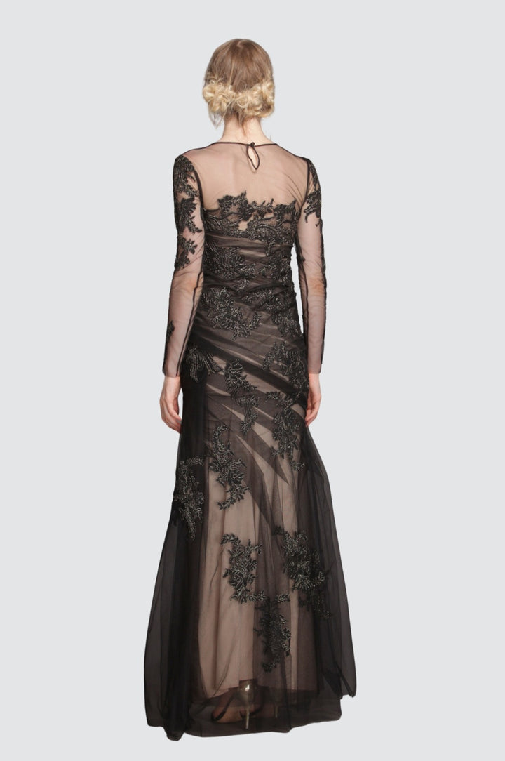 Black & Gold Leaf on Ruched Mesh Gown