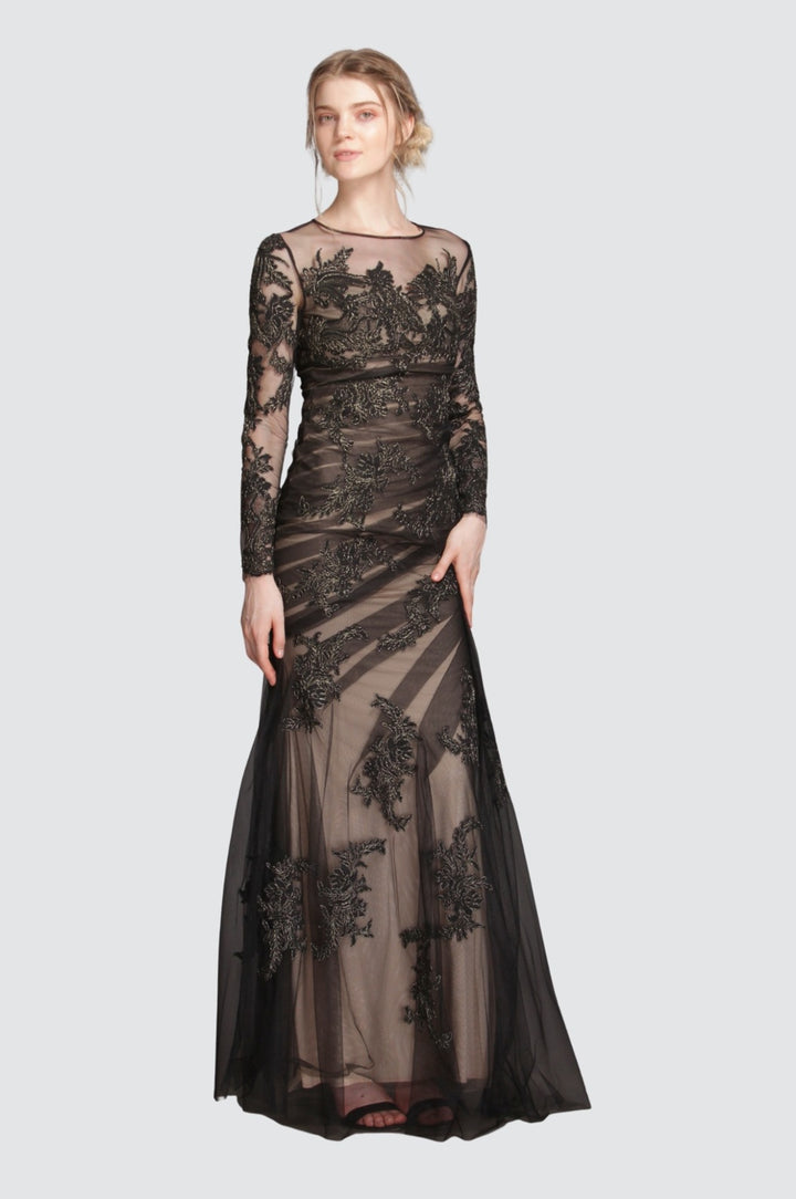 Black & Gold Leaf on Ruched Mesh Gown