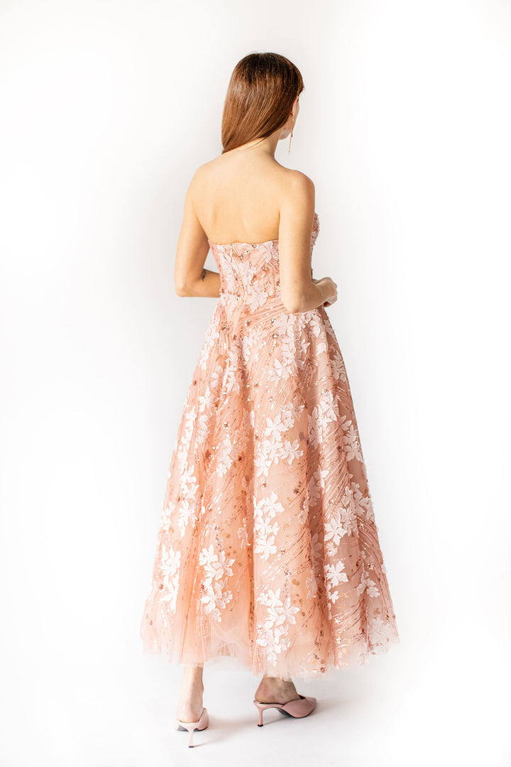 Coral Bloom Enchantment Strapless Dress