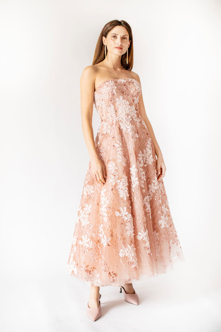 Coral Bloom Enchantment Strapless Dress