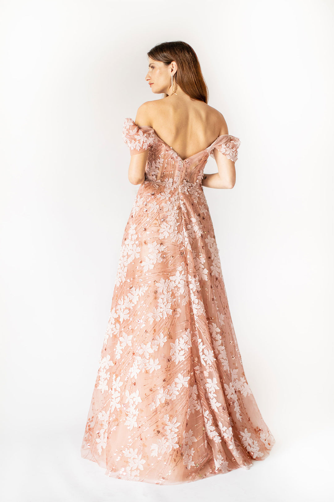 Coral Bloom Enchantment Off Shoulder Gown