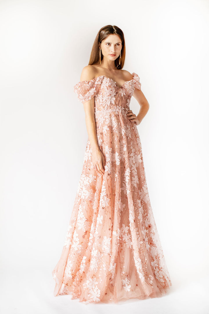 Coral Bloom Enchantment Off Shoulder Gown