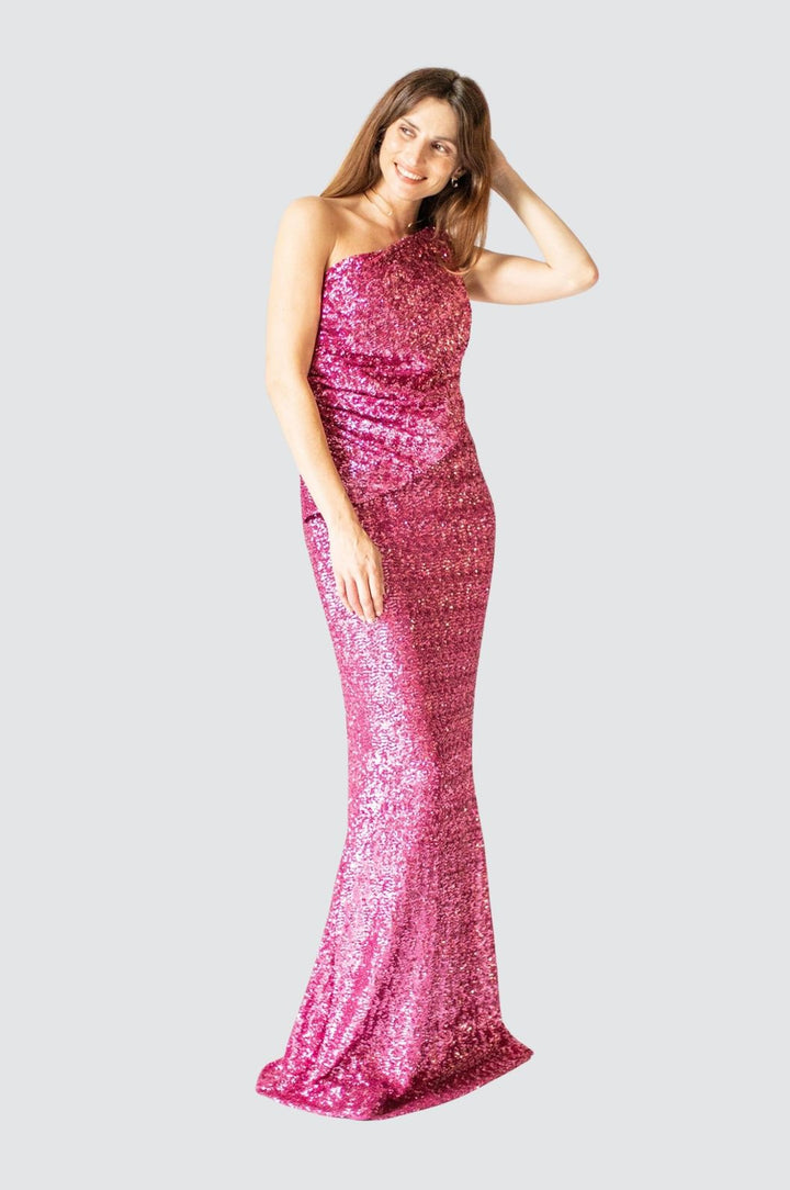Robe asymétrique à paillettes rose vif