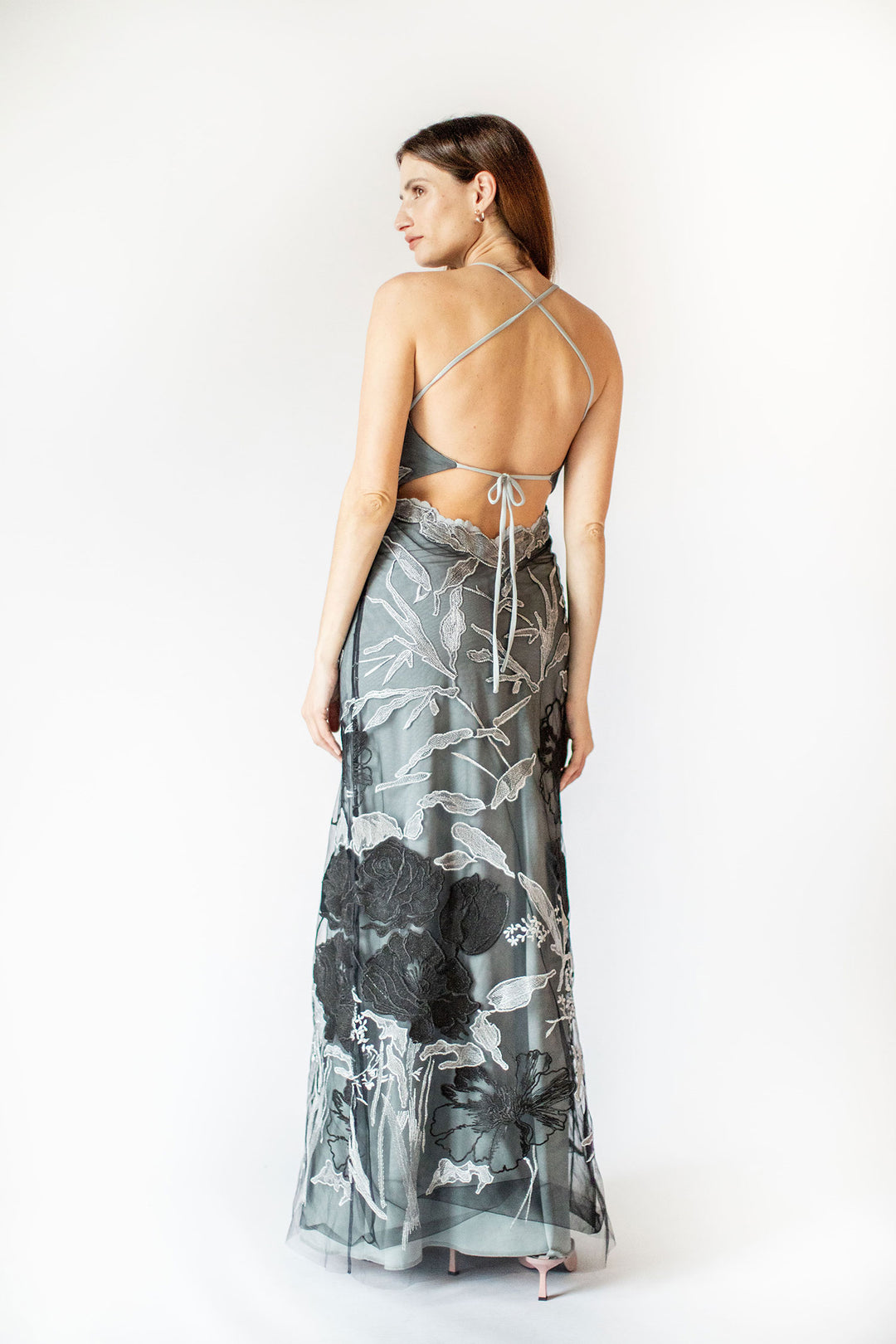 Cut-Out Embroidery Grey Tulle Gown