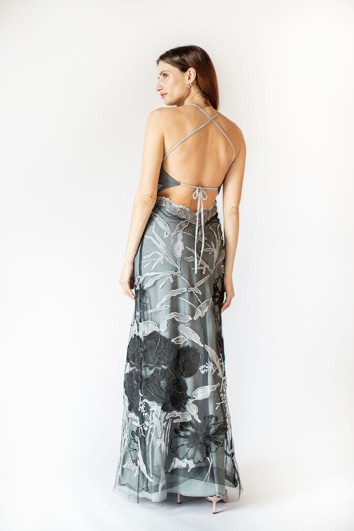 Cut-Out Embroidery Grey Tulle Gown