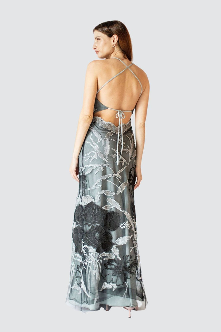 Cut-Out Embroidery Grey Tulle Gown