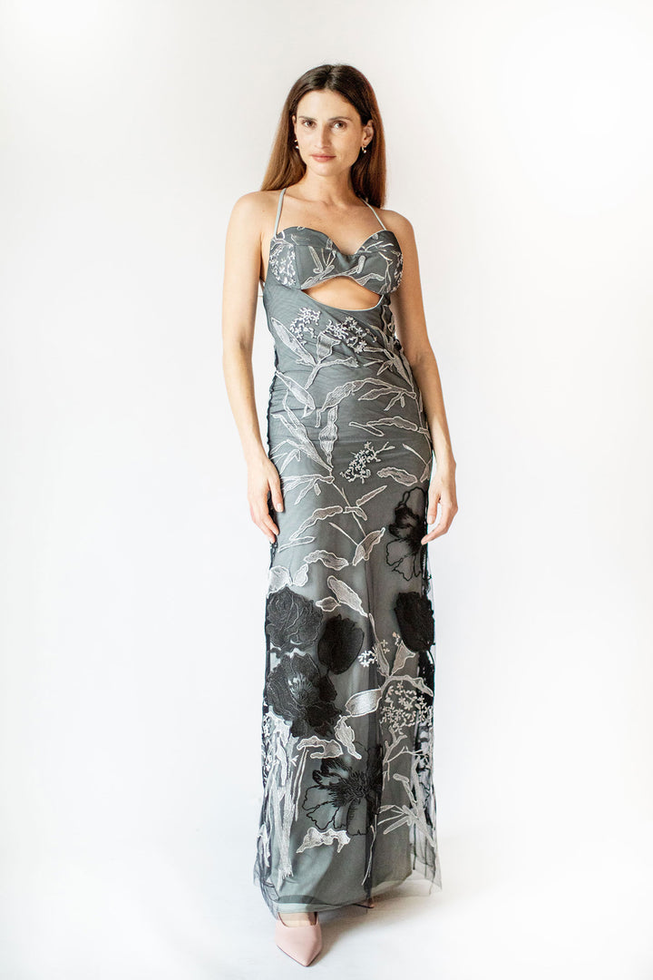 Cut-Out Embroidery Grey Tulle Gown
