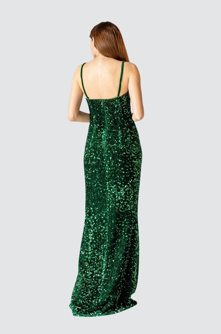 Smaragdgrünes, mit Pailletten verziertes Kleid mit zarten Trägern