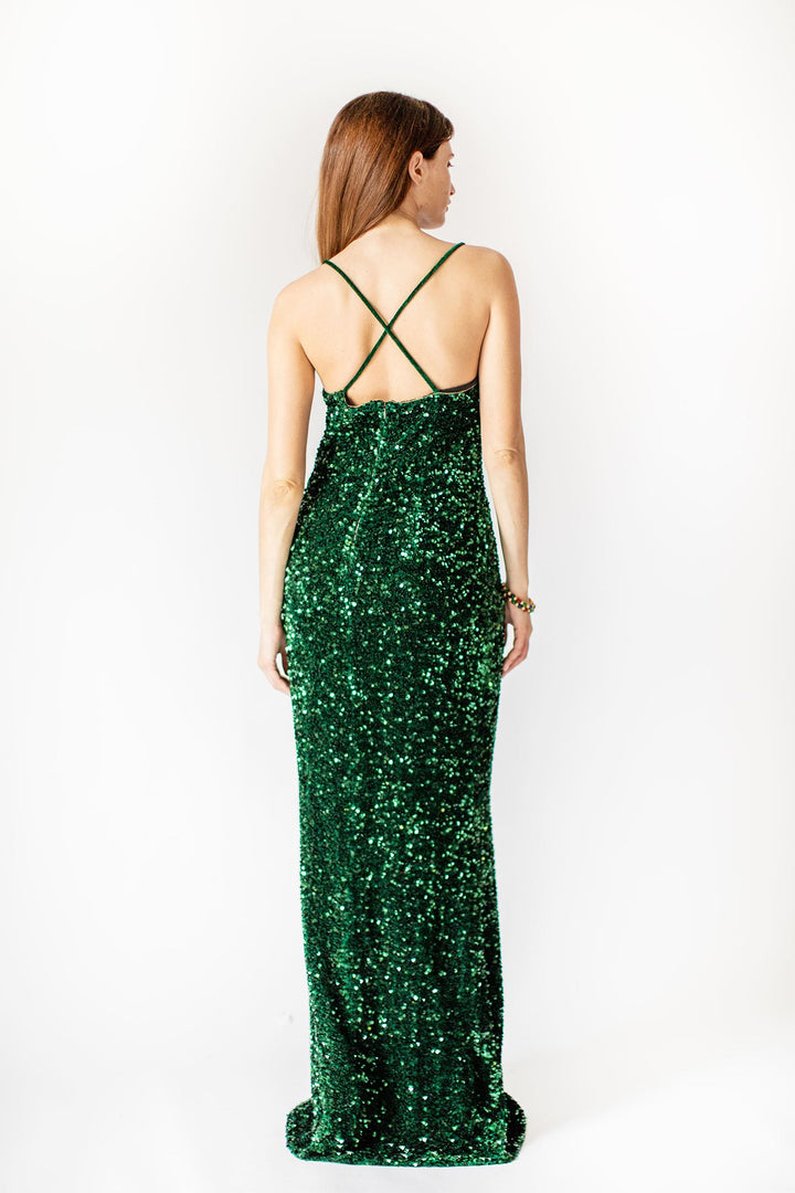 High Slit Emerald Sequin Gown
