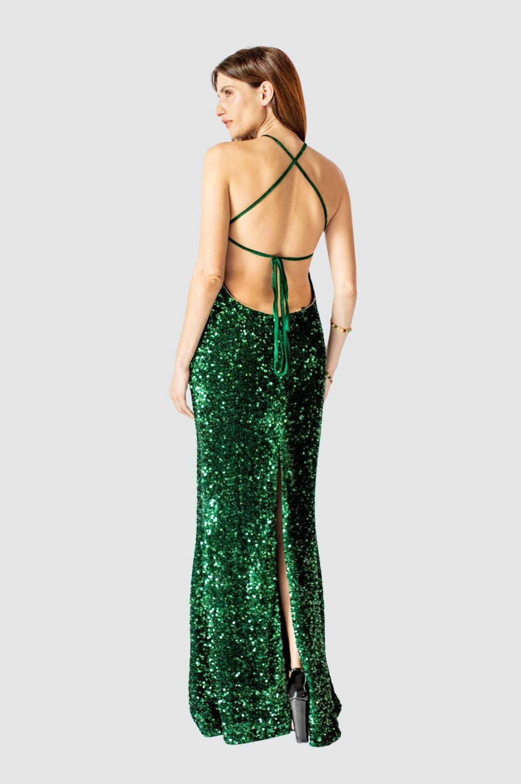 Emerald Bloom Sequin Gown with Floral Neck Appliquรฉ โ Olvi's Lace