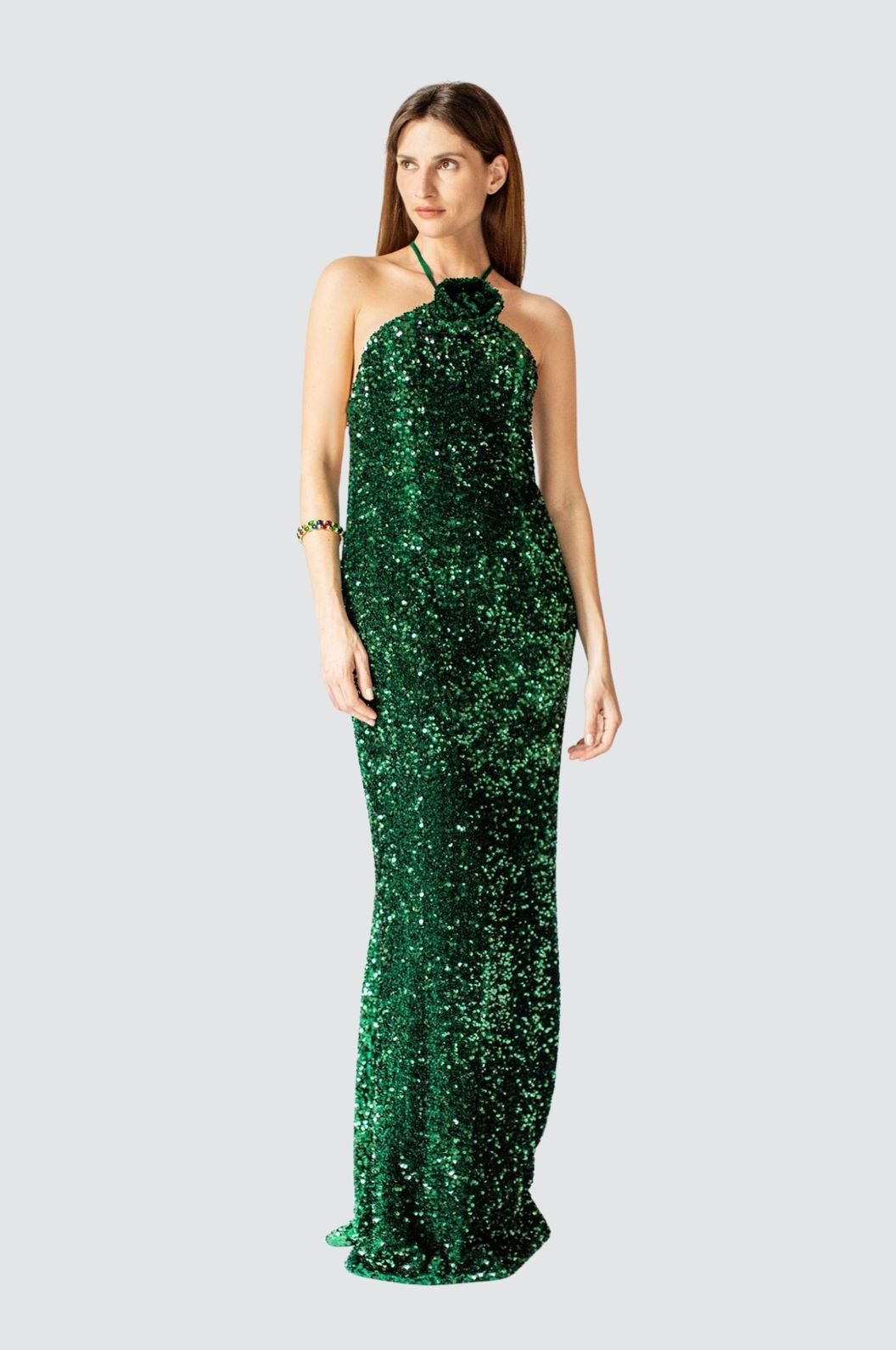 Emerald Bloom Sequin Gown with Floral Neck Appliqué – Olvi's Lace