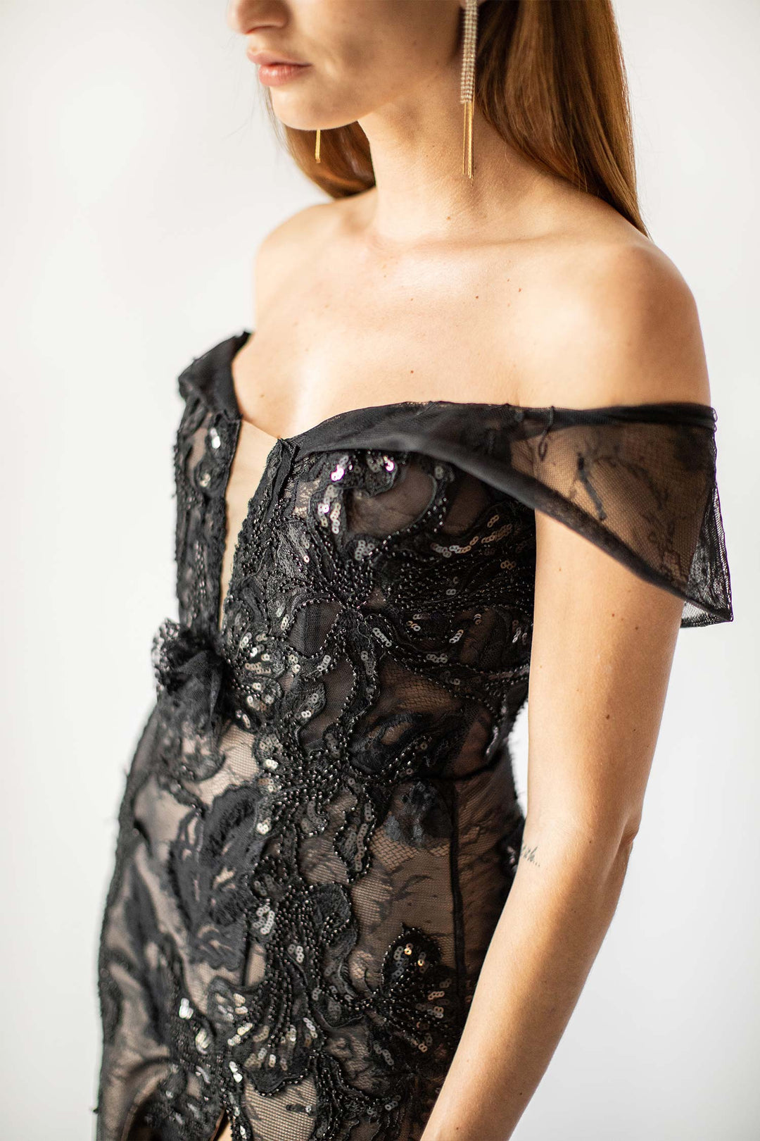 Black Nude Sequin Illusion High Slit Long Dress