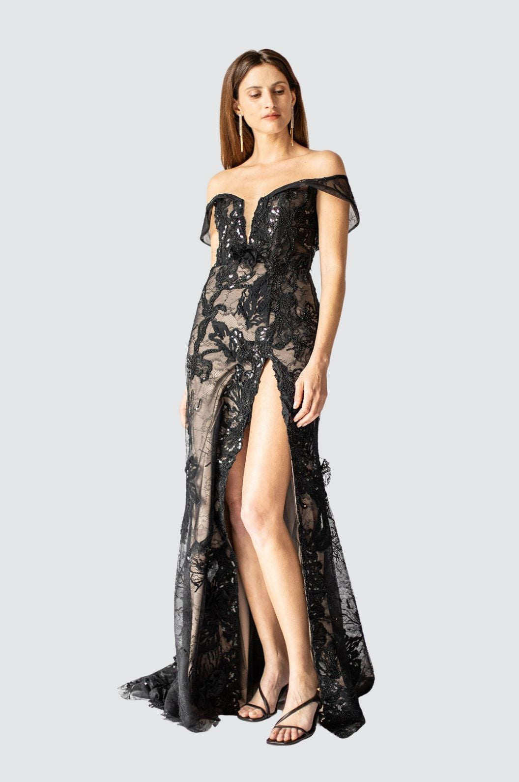 Black Nude Sequin Illusion High Slit Long Dress – Olvi's Lace