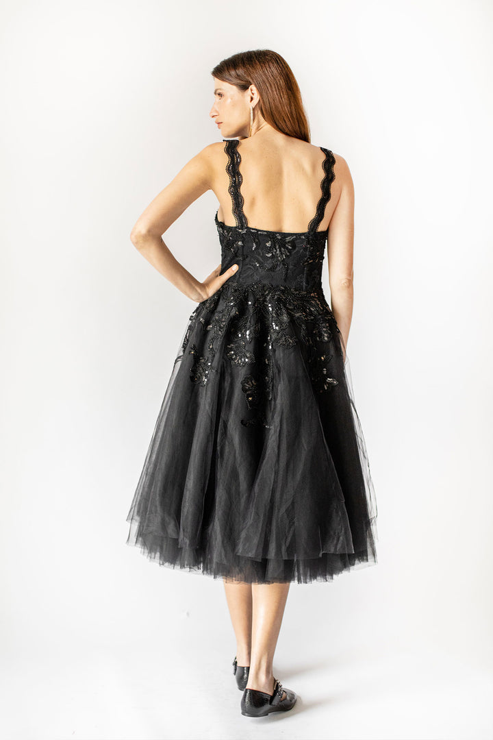 Midnight Waltz Black Tulle Tiered Midi Dress