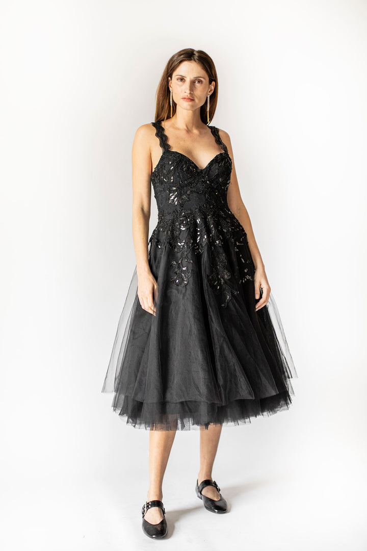 Midnight Waltz Black Tulle Tiered Midi Dress