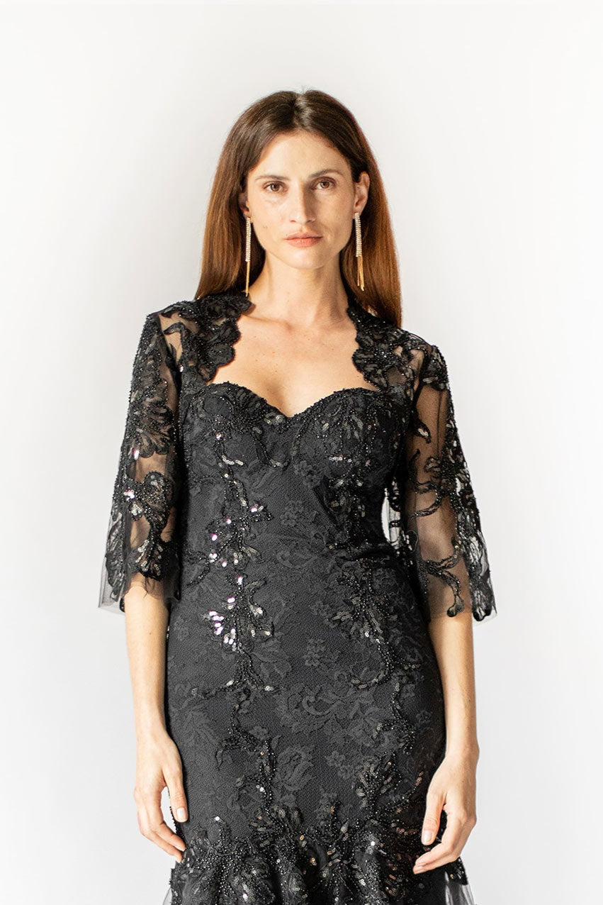 Midnight Bead-Embellished Sequins Black Bolero Tulle