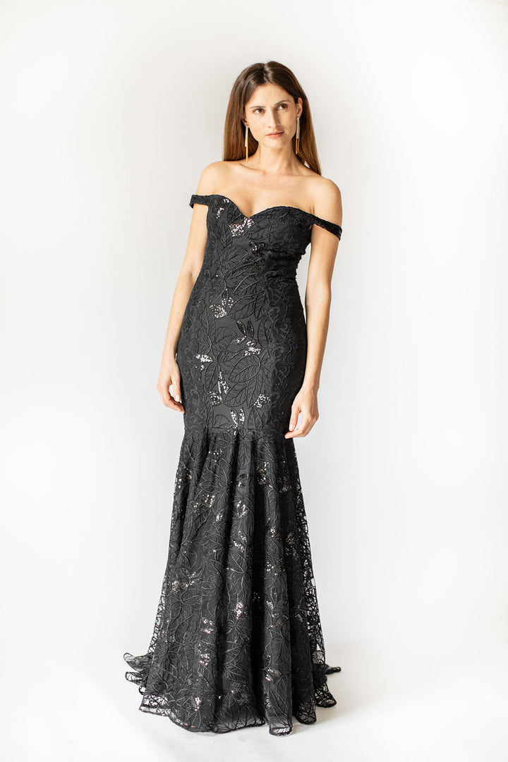 Robe sirène à épaules dénudées Noir Petal