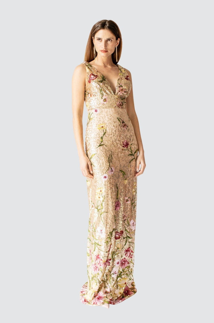 Paillettenkleid mit vergoldeter Blüte und drapiertem Rücken