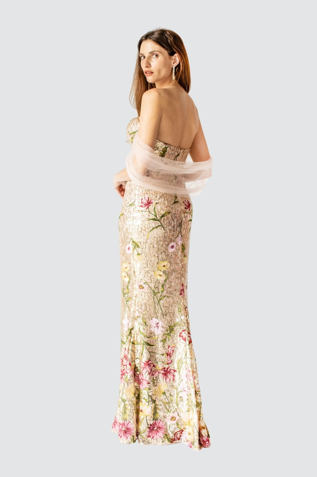 Celestial Bloom Strapless Gold Gown with Draped Back