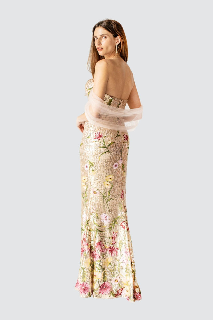 Celestial Bloom Strapless Gold Gown with Draped Back