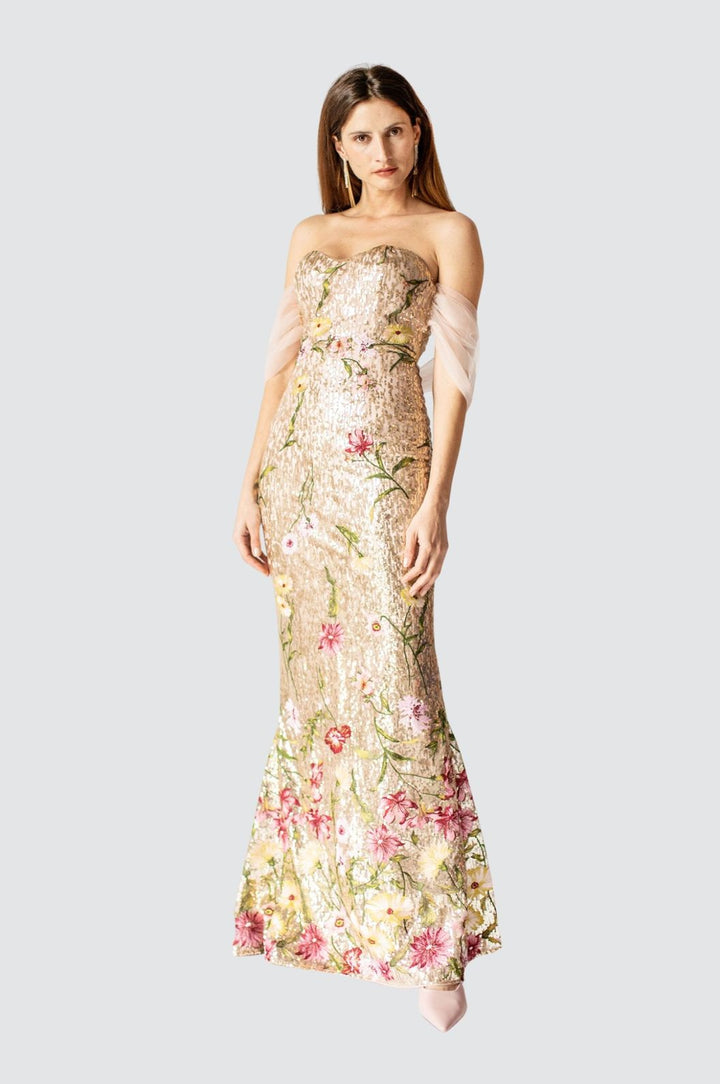 Celestial Bloom Strapless Gold Gown with Draped Back