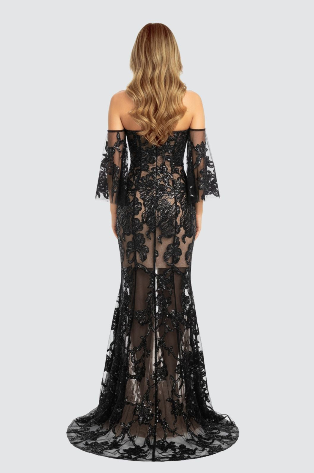 Noir Blossom Off-Shoulder Gown