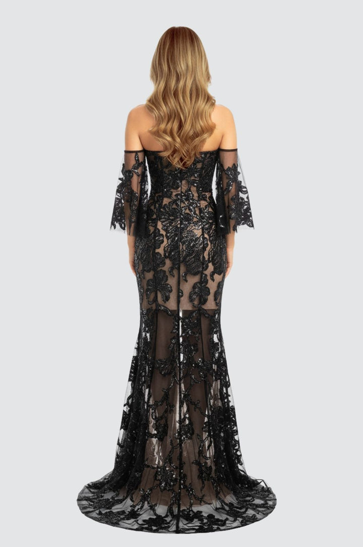 Noir Blossom Off-Shoulder Gown