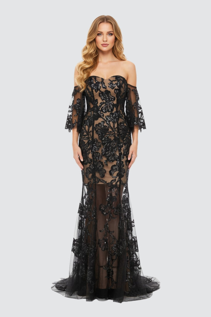 Noir Blossom Off-Shoulder Gown