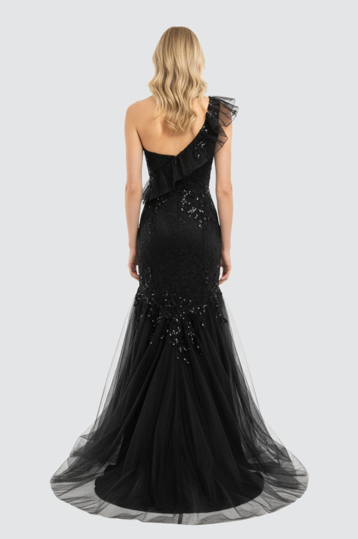 Noir Blossom One-Shoulder Ruffle Gown