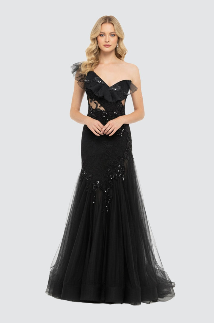 Noir Blossom One-Shoulder Ruffle Gown