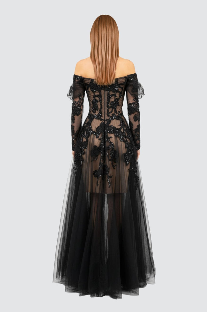 Noir Blossom Off-Shoulder Gown