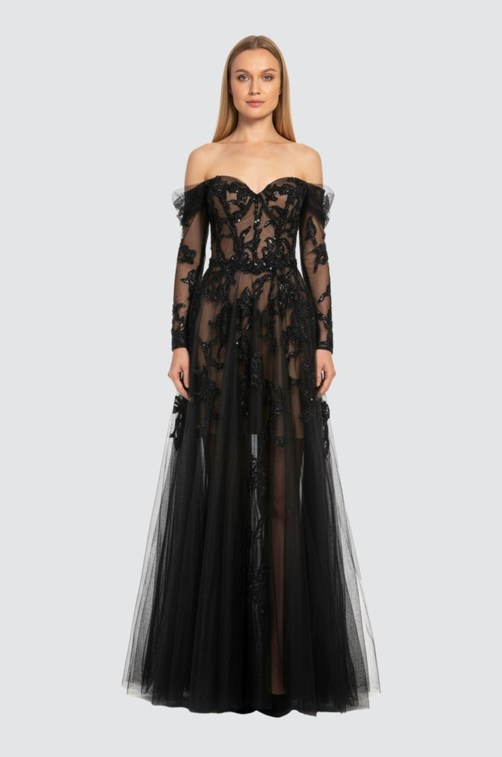 Noir Blossom Off-Shoulder Gown