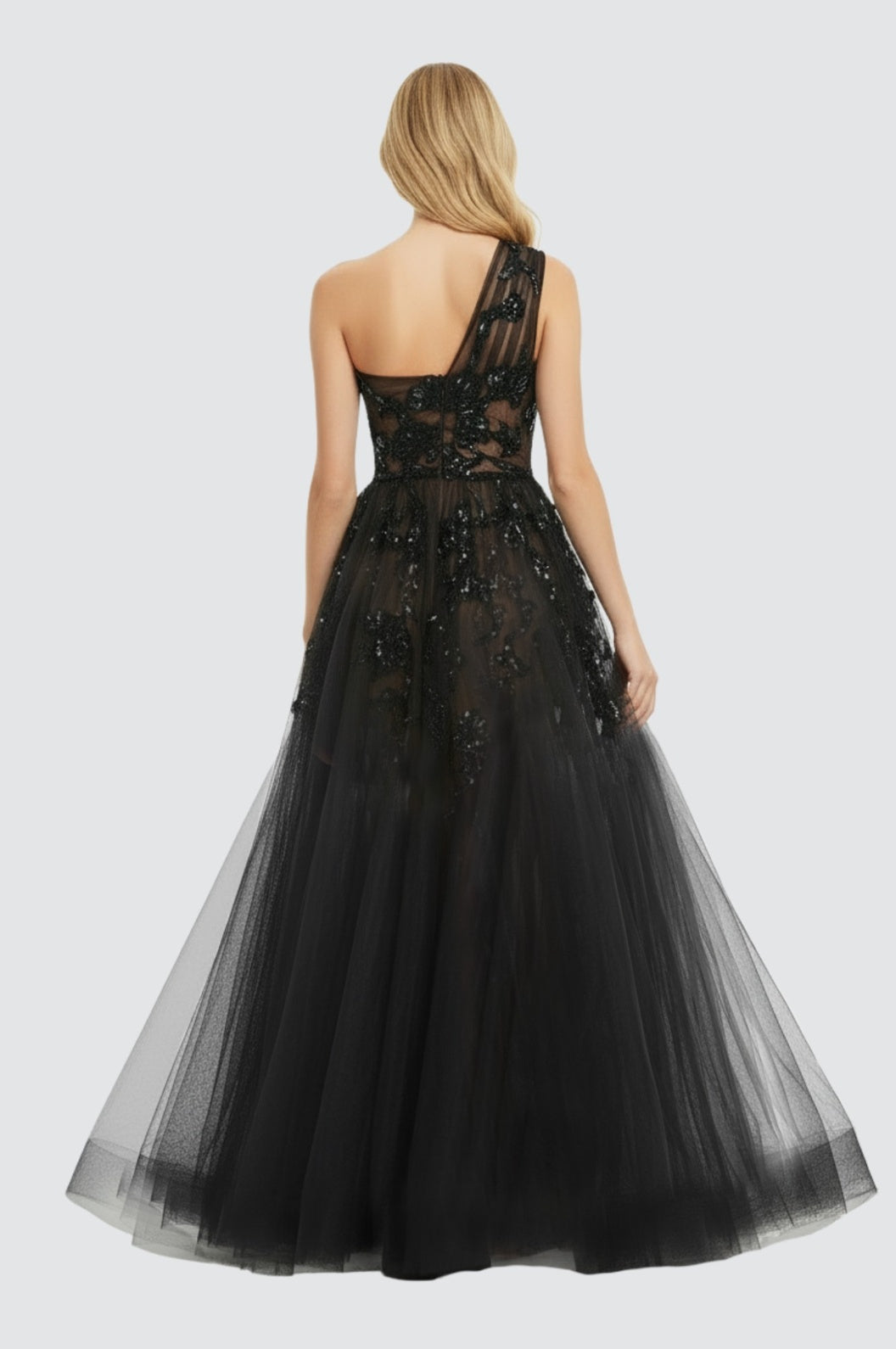 Noir Blossom One-Shoulder Ballgown